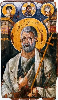 Artist: Unknown. Date: second half of the 6th century. Provenance: Constantinople. Present location: Sinai. 92.8 x 53.1 cm. Encaustic icon.