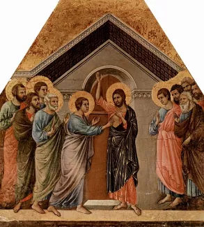 イエスに触れるトマス。ドゥッチオ・ディ・ブオニンセーニャ作。1308-1311頃。