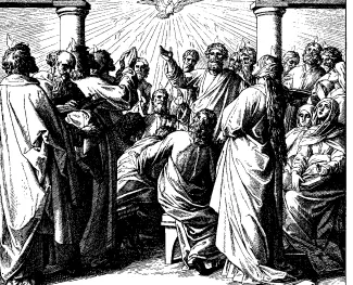 Pentecost by Julius Schnorr von Carolsfeld. Woodcut for "Die Bibel in Bildern", 1860.