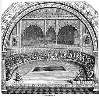 Illustration in 1883 encyclopaedia of the ancient Jewish Sanhedrin council (from Greek synedrion, synhedrion)