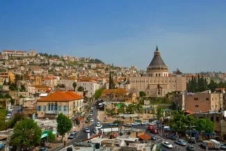 Nazareth, Galilee region with the Basilica of Annunciation on background. Photo taken by Daphna Tal for the Israeli Ministry of Tourism. Credit attribution requested
