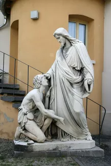 Sculpture "Jesus healing blind Bartimaeus" by Johann Heinrich Stöver, 1861. St John's Church, Erbach, Rheingau, Hesse, Germany