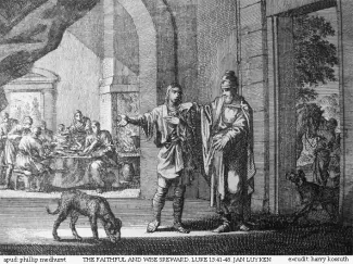 An etching by Jan Luyken illustrating Luke 13:41-48 in the Bowyer Bible, Bolton, England.
