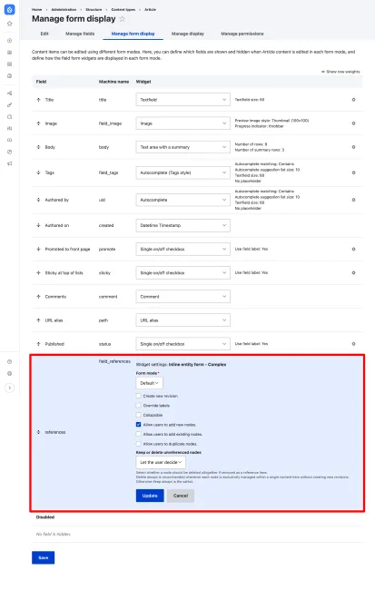 ArticleのManage form display設定画面